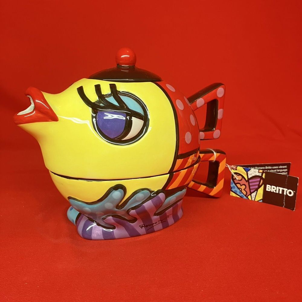 Romero Britto 2013 Ceramic Colorful Fish / Tea For One Teapot & Cup / 12.3 oz